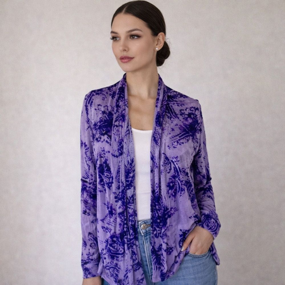 Chicos purple cream print size one long sleeve open front sweater